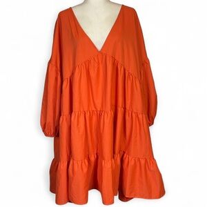 Boohoo Plus Size US 24 Oversized Orange Tiered Dress Puffy Sleeves V Neck Short